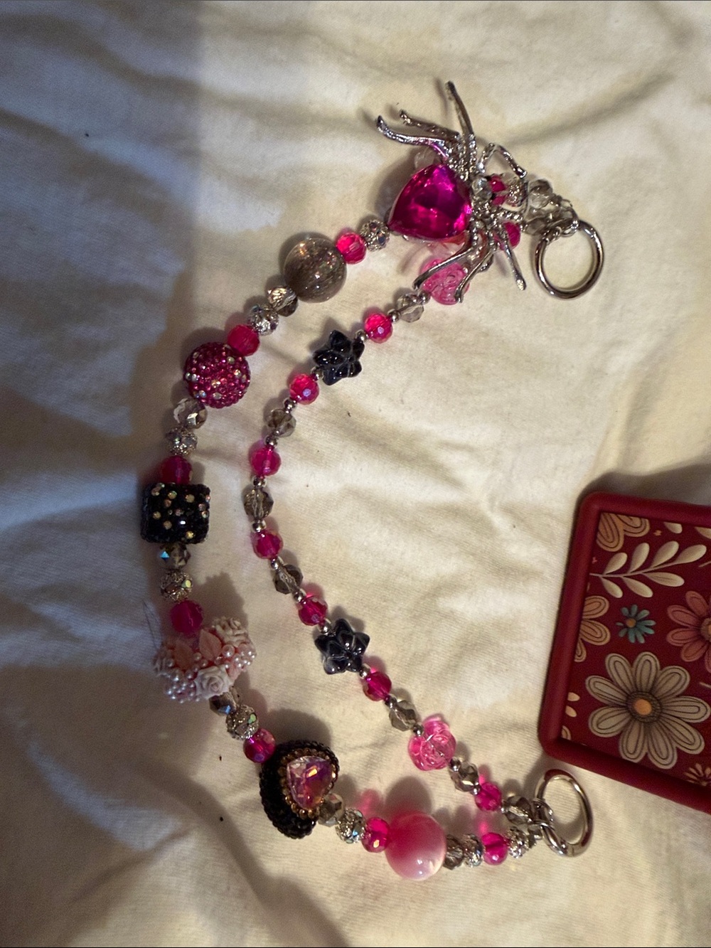 Hot Pink Crystal Spider Charm Keychain Wristlet